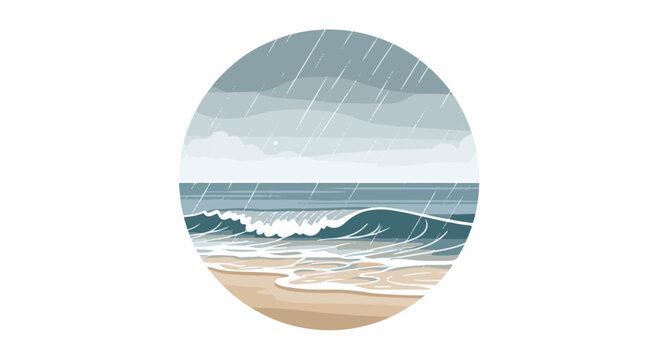 Stormy beach scene with crashing waves and falling rain