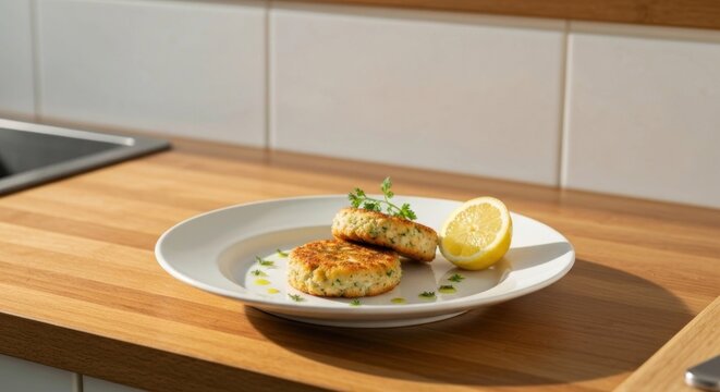 Two golden-brown fishcakes on a white plate, garnished with fresh herbs and a lemon slice, sitting on a light wooden counter top in a kitchen