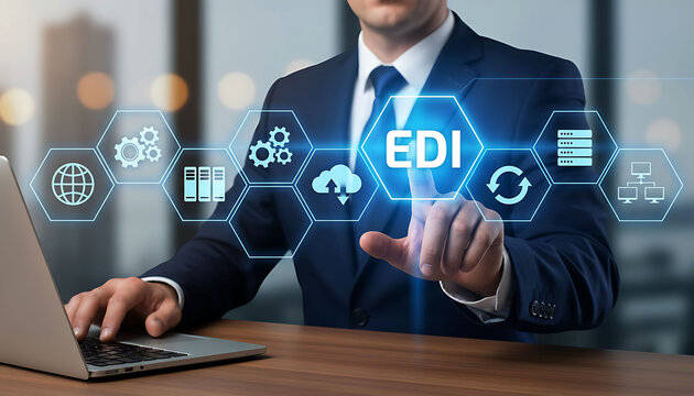 Businessman Touching Virtual EDI Interface for Electronic Data Interchange Business