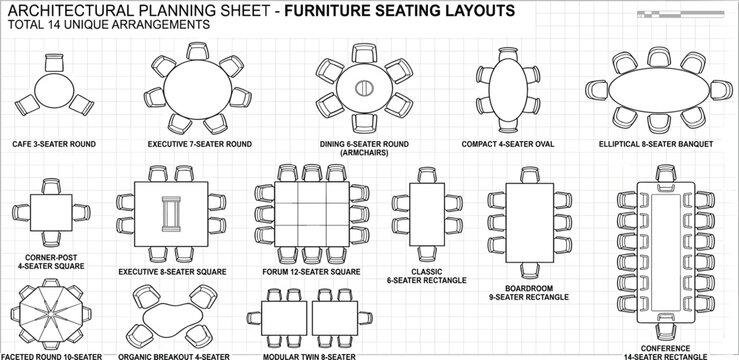 Detailed architectural planning sheet illustrating 14 unique furniture seating arrangements for diverse meeting rooms and event spaces, optimizing layout design and capacity utilization