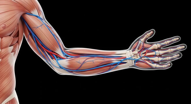 Anatomical illustration showcasing the intricate network of muscles, veins, and arteries in the human forearm and hand.
