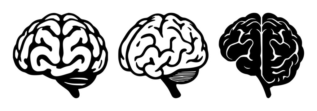 Brain icon set with solid black shapes on white background featuring learning, knowledge, memory with neuroscience and education