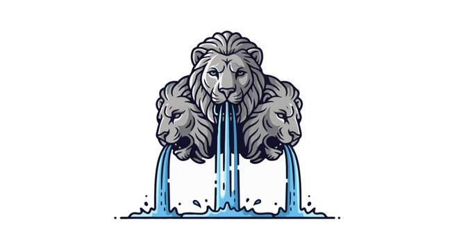 Stylized triplet lion heads fountain pours water