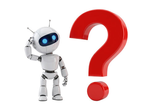 Robot with a question mark symbolizing confusion or a problem artificial intelligence confusion thinking technology robotics curiosity