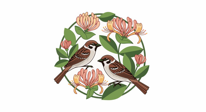 Two sparrows in a circular frame of honeysuckle flowers and leaves