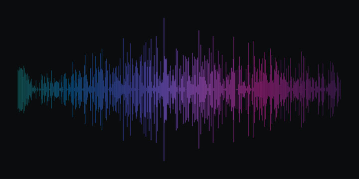 Vibrant Audio Spectrum Waveform: A mesmerizing, colorful audio waveform pulses against a dark background, representing the dynamic flow of sound and music, capturing energy of audio.