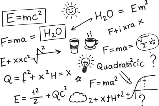 Hand-drawn science equations and doodles on white background