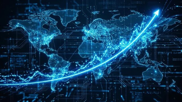 Digital world map glowing network data line rising arrow global connection technology background growth chart blue light internet communication global network growth world map digital data connection