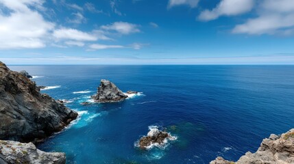 Fototapeta premium Waves crash against dark lava rock formations as the clear blue sea meets the rugged coastline on a cloudy day with distant views