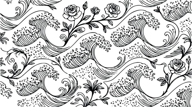 Floral wave pattern vector illustration featuring elegant rose flowers and swirling ocean water currents in a black and white hand drawn artistic graphic style design