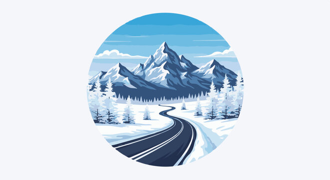 Snowy mountain road winds through frosted trees under blue sky