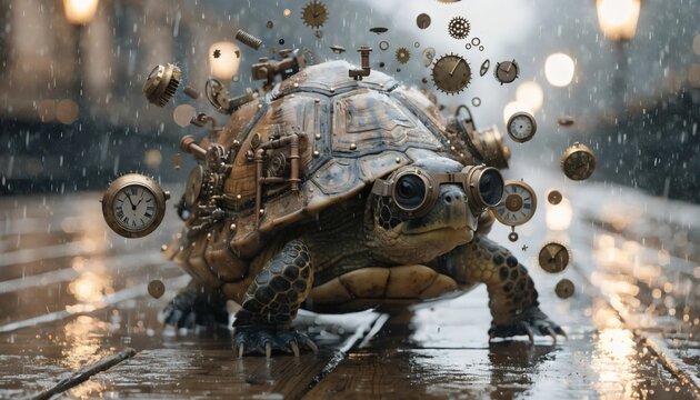 Steampunk turtle with goggles and clockwork accessories on rainy city street