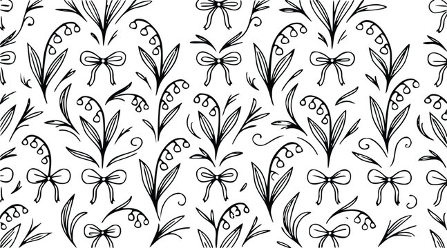 Hand drawn seamless pattern illustration of lily of the valley flowers and bows, perfect for decorative floral graphic design