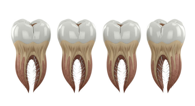 hyper-detailed 3d visualization of a mandibular multi-rooted molar showing internal dentin and root canals in four clinical views, isolated on transparent. concept of dental education