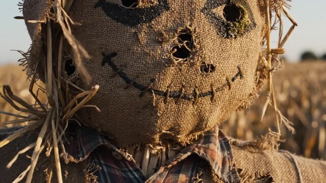 Rustic Scarecrow With Stitched Face Standing In A Dry Corn Field During Autumn Harvest Season For Agricultural Pest Control And Rural Farm Decor