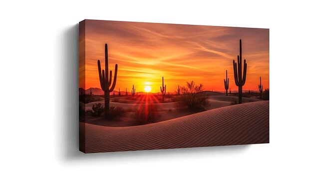 Majestic saguaro cacti in desert dunes during vibrant sunset.