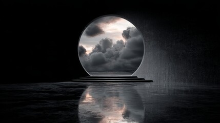 Naklejka premium Tunnel abstract dark sky door light portal exit gateway future 3D rendering of an abstract dark tunnel with glowing sky door and luminous portal representing hope, mystery and digital transition