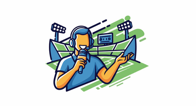 Sports commentator with microphone and headset at a stadium