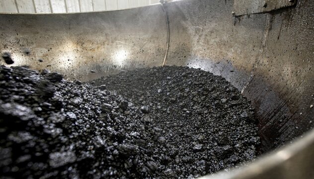 Medium shot inside a wet interior pelletizer drum showing glossy black carbon black agglomerates forming under moist conditions in a controlled environment.