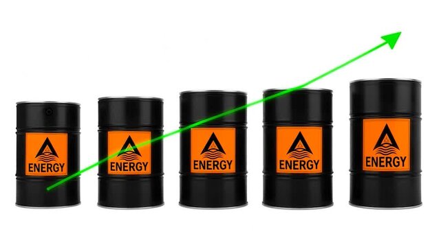 Black oil barrels with orange labels and green arrow on white background