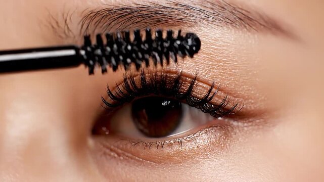 Woman applying mascara to eye lashes.