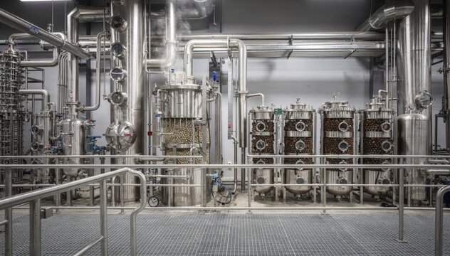 Medium shot of a newly built solvent recovery unit highlighting advanced distillation and adsorption technologies focused on maximizing solvent reclamation and minimizing