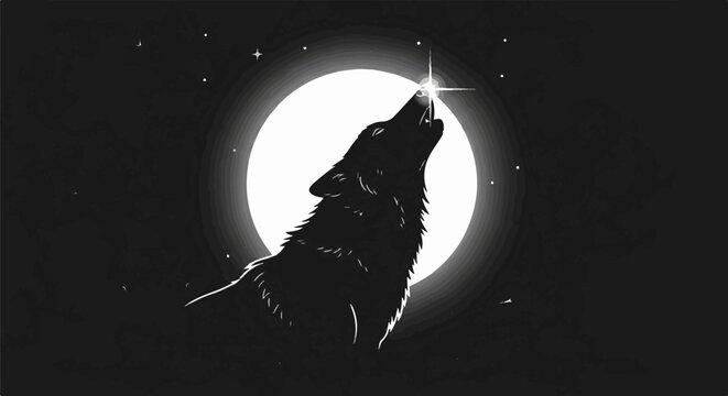 Silhouette of a wolf howling at a bright full moon