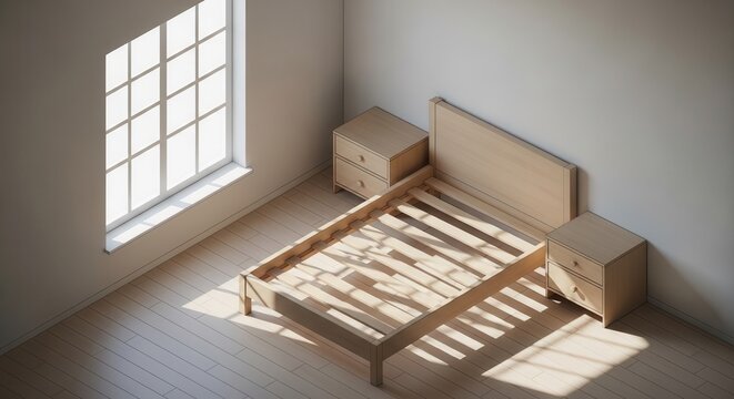 Wooden bed frame with matching nightstands sits in a sunlit minimalist bedroom.