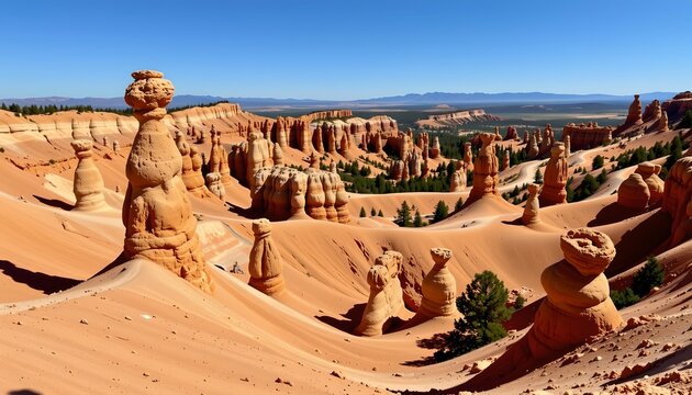 The image showcases a vast, arid desert landscape characterized by numerous tall, rounded, and layered rock formations, often referred to as hoodoos