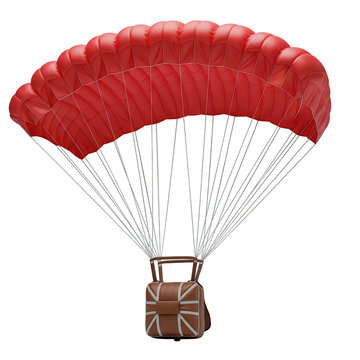 A small brown dog holding a vibrant red parachute ready for adventure