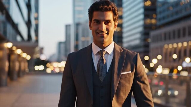 Stylish Businessman in a Suit Walking Confidently in the City.
