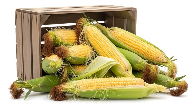 A wooden crate overflowing with fresh ears of corn on a white background
