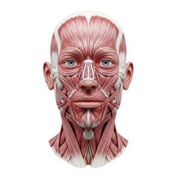 Highly detailed 3d &eacute;corch&eacute; rendering of mature male head and neck musculature, crimson fibers, isolated on white background with copy space concept of medical precision and anatomy study