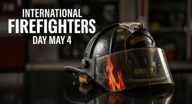 Firefighter helmet reflecting flames with international firefighters day may 4 text