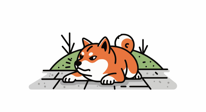 Stylized orange dog resting on a stone path with green grass