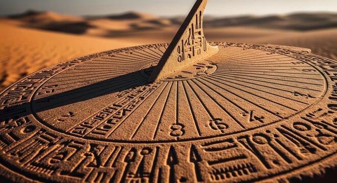 Ancient sundial marks the passage of time amidst vast desert sand dunes.