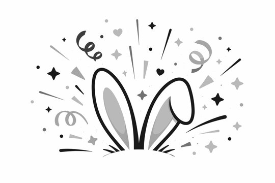 Cute Bunny Ears Vector Illustration with Festive Confetti and Streamers. Minimalist Black and Gray Design for Easter Celebration, Party Decor, Greeting Cards, and Playful Holiday Graphics.