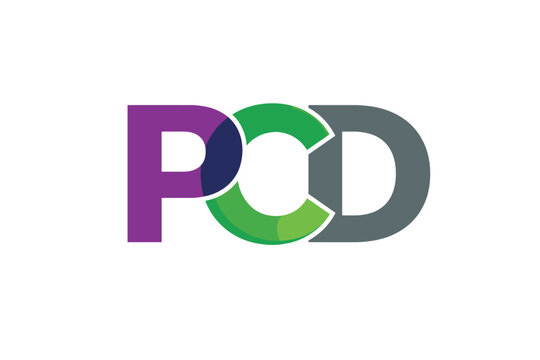 Modern minimalist vector logo design featuring the letters PCD in a bold sans-serif font with overlapping purple green and gray elements creating a dynamic and professional visual composition.