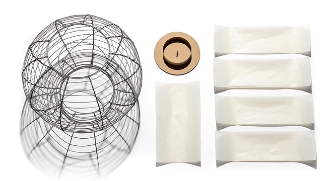 A collection of white candles and a wire candle holder on a plain background