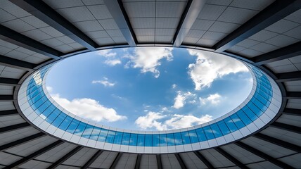 Fototapeta premium Oval skylight ceiling with blue sky and clouds in modern building