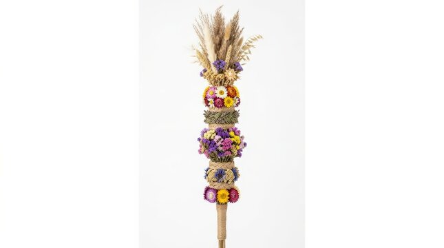 Traditional easter palm verbos crafted from vibrant colorful dried flowers and natural grasses, symbolic decoration for spring holiday celebration, isolated on white background