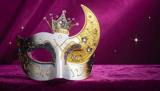Elegant masquerade mask with crown and crescent moon on royal purple backdrop