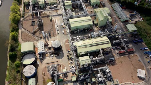Drone shot isolating pipelines and processing tanks at a specialty chemical manufacturing plant in East Yorkshire