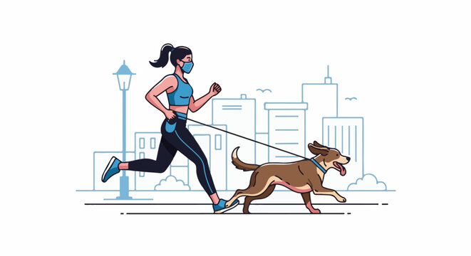 Woman with face mask jogs with dog on leash in city
