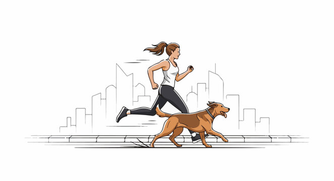 Woman and dog running together in a stylized city park