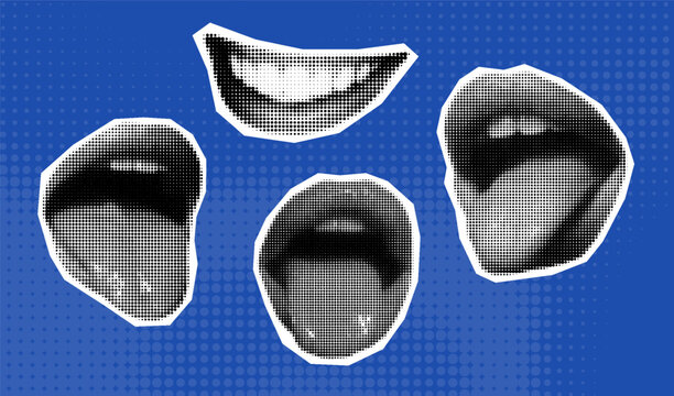 Halftone effect lips and mouth art collage set. Various female mouths cut out from newspaper in retro collage style. Modern retro mixed media. 