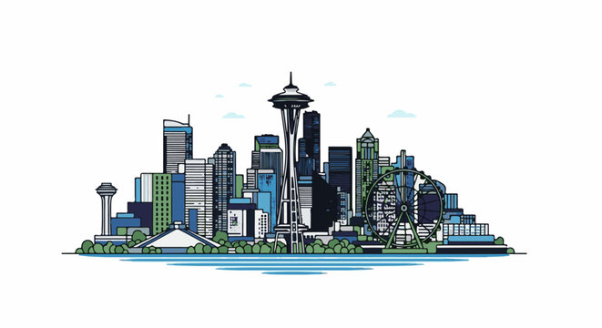 Stylized skyline with a prominent needle-shaped tower and a Ferris wheel