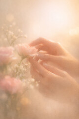 Fototapeta premium Soft dreamy blurred hands arranging flowers in warm light aesthetic