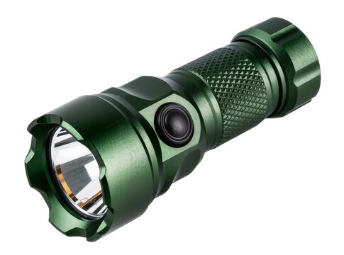 Isolated durable military-grade green flashlight with textured grip and bright beam