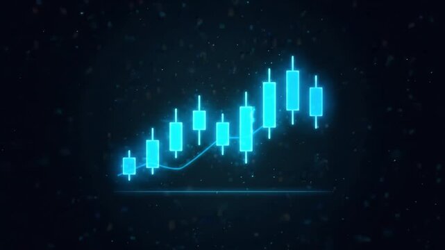 Glowing stock chart with rising candlestick graph, glowing candlestick chart with rising market trend, financial chart market trend rising price glowing blue stock market investment analysis trading